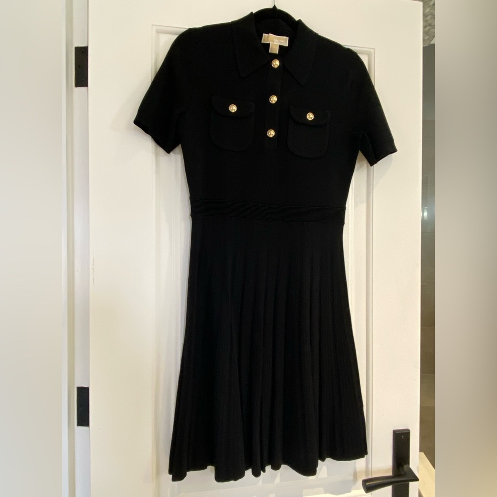 Michael Kors Stretch Knit Polo Dress with Gold Buttons-Size Medium